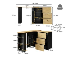 Discount Hauss Spole Móvel bar giratório com 1 porta e 3 gavetas, prateleira lateral de três níveis incluída, e natural claro - 204x39x104cm Preto