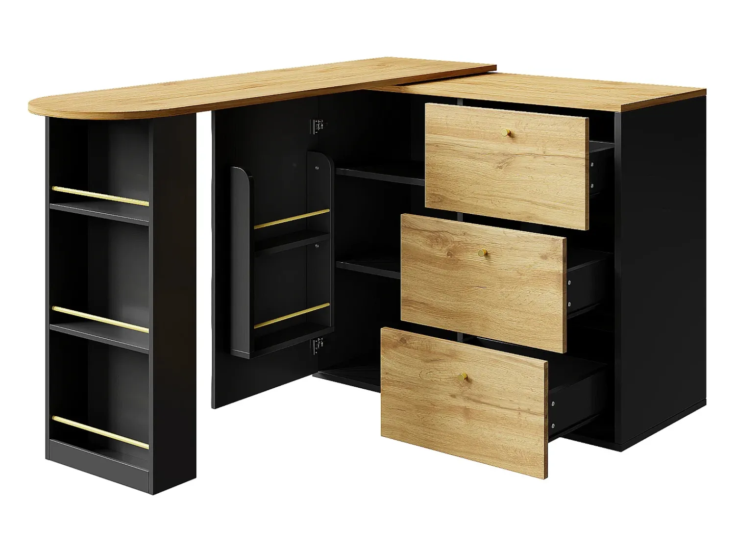 Discount Hauss Spole Móvel bar giratório com 1 porta e 3 gavetas, prateleira lateral de três níveis incluída, e natural claro - 204x39x104cm Preto