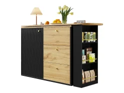 Discount Hauss Spole Móvel bar giratório com 1 porta e 3 gavetas, prateleira lateral de três níveis incluída, e natural claro - 204x39x104cm Preto