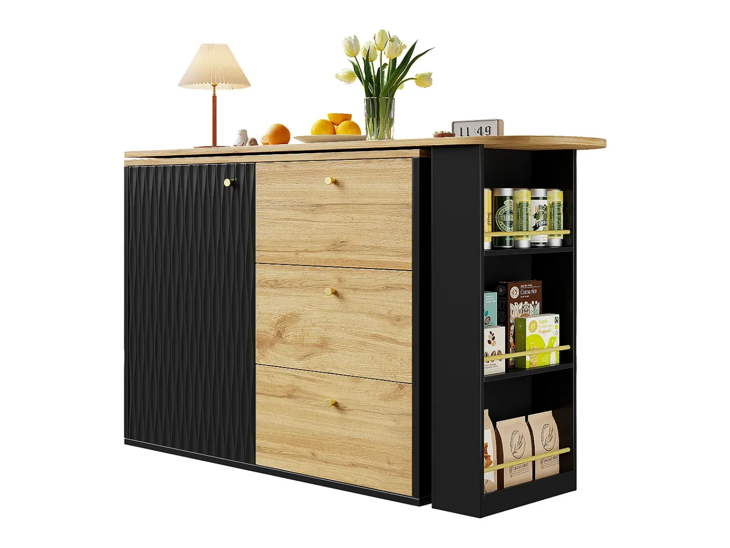 Discount Hauss Spole Móvel bar giratório com 1 porta e 3 gavetas, prateleira lateral de três níveis incluída, e natural claro - 204x39x104cm Preto