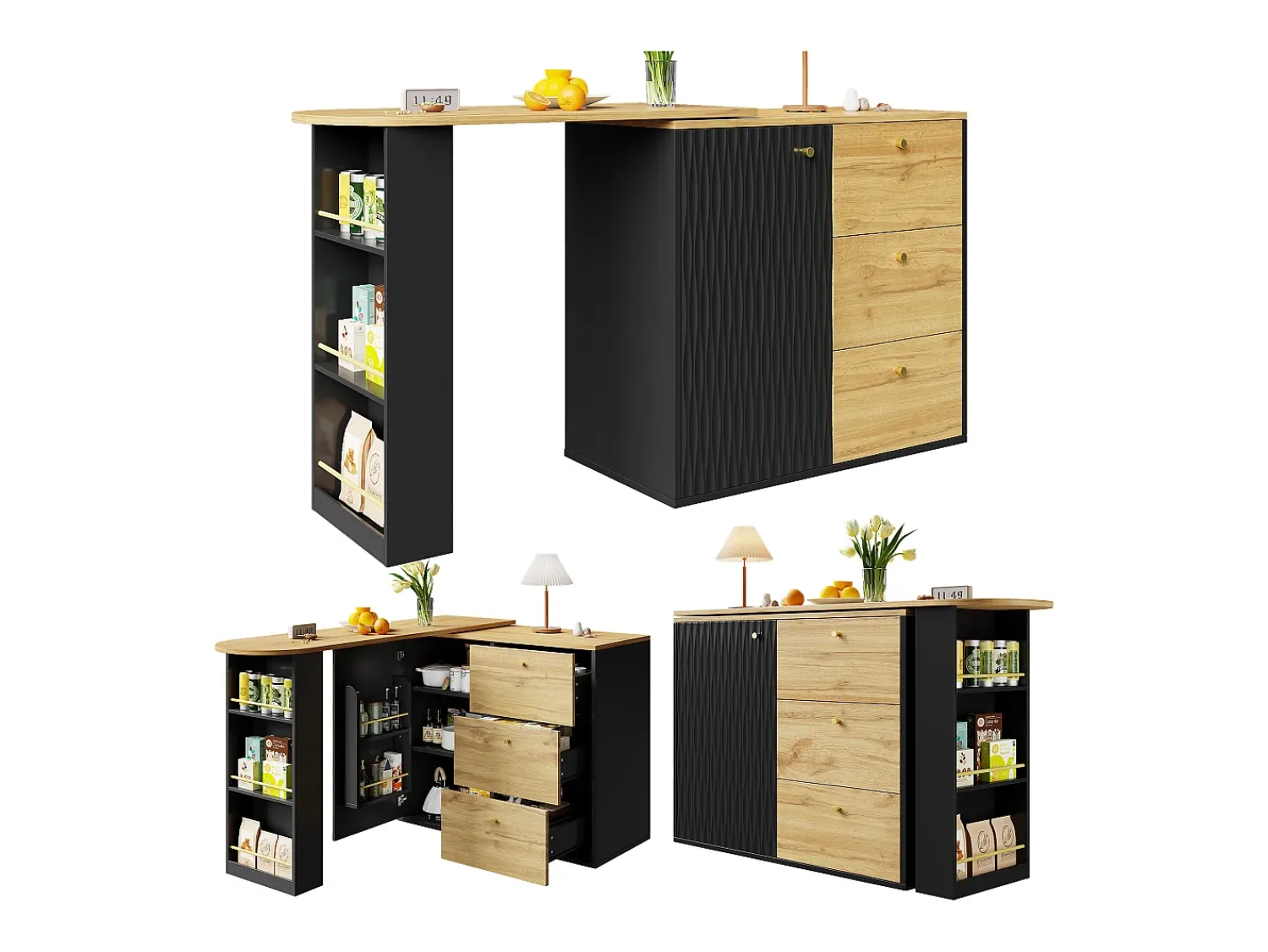Discount Hauss Spole Móvel bar giratório com 1 porta e 3 gavetas, prateleira lateral de três níveis incluída, e natural claro - 204x39x104cm Preto