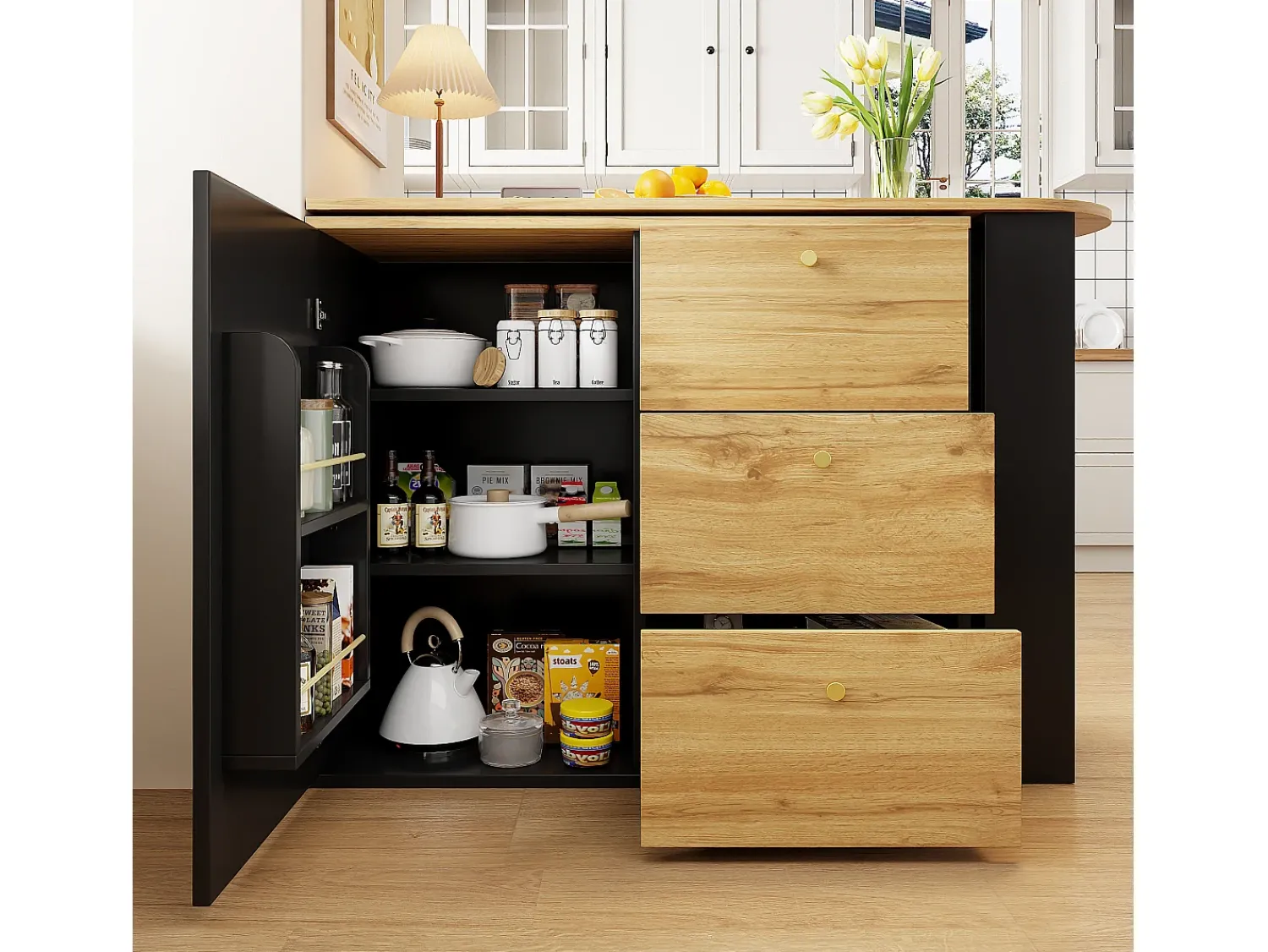 Discount Hauss Spole Móvel bar giratório com 1 porta e 3 gavetas, prateleira lateral de três níveis incluída, e natural claro - 204x39x104cm Preto