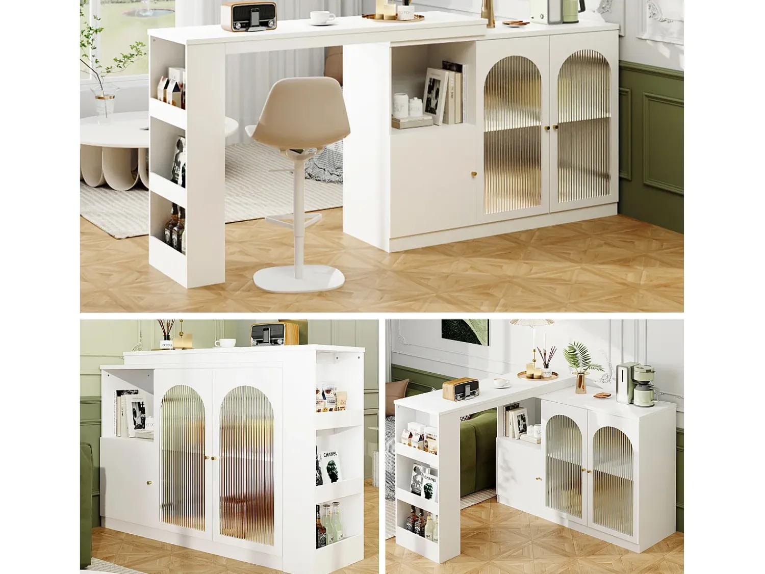 Móvel De Bar|Hauss Spole Móvel bar giratório com 3 portas, incluindo 2 portas de vidro, prateleiras abertas incluídas, corpo - 120x40x103cm Branco