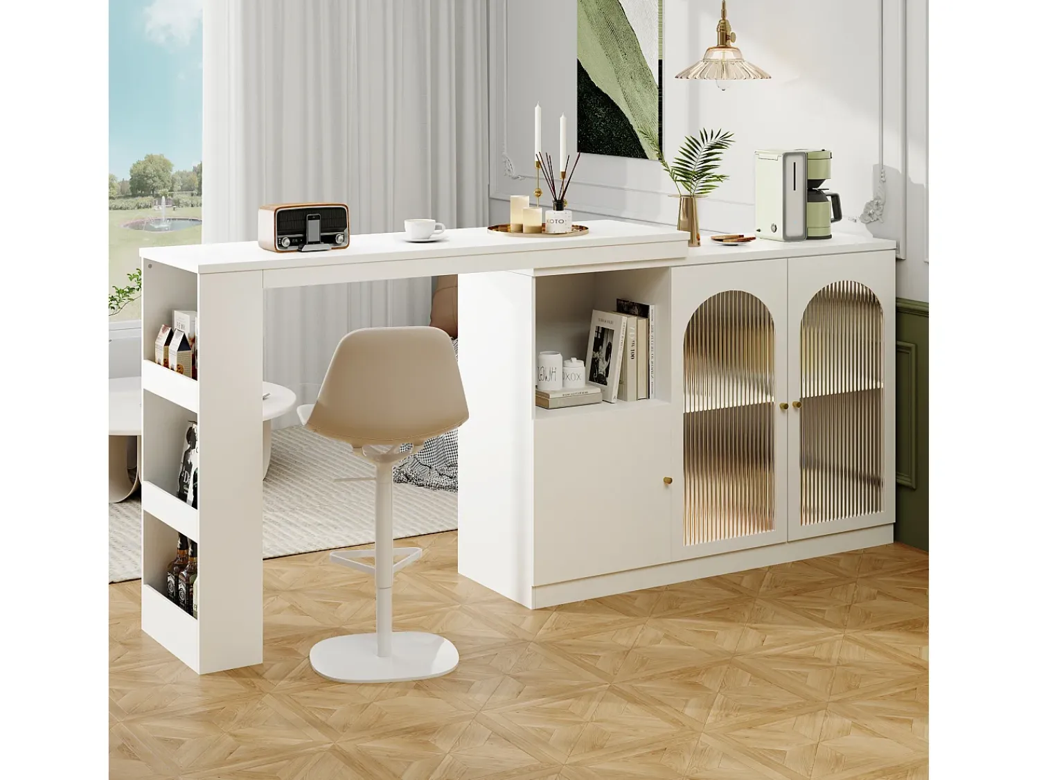 Móvel De Bar|Hauss Spole Móvel bar giratório com 3 portas, incluindo 2 portas de vidro, prateleiras abertas incluídas, corpo - 120x40x103cm Branco