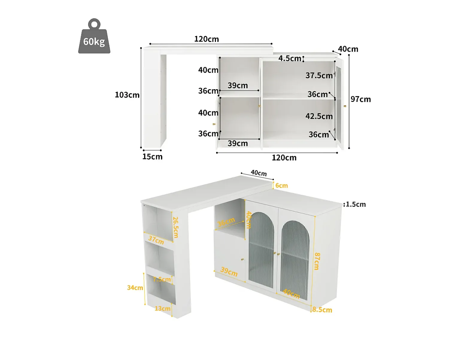 Móvel De Bar|Hauss Spole Móvel bar giratório com 3 portas, incluindo 2 portas de vidro, prateleiras abertas incluídas, corpo - 120x40x103cm Branco