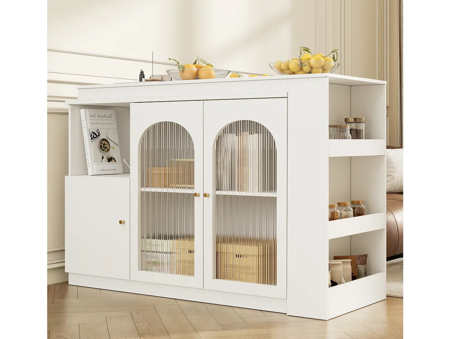 Móvel De Bar|Hauss Spole Móvel bar giratório com 3 portas, incluindo 2 portas de vidro, prateleiras abertas incluídas, corpo - 120x40x103cm Branco
