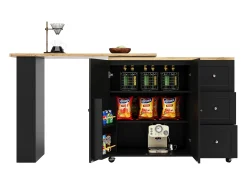 Móvel De Bar*Hauss Spole Móvel bar giratório com rodízios, 2 portas, 3 gavetas e prateleiras, tampo em folheado de madeira natural clara, corpo - 209x39x106cm Preto