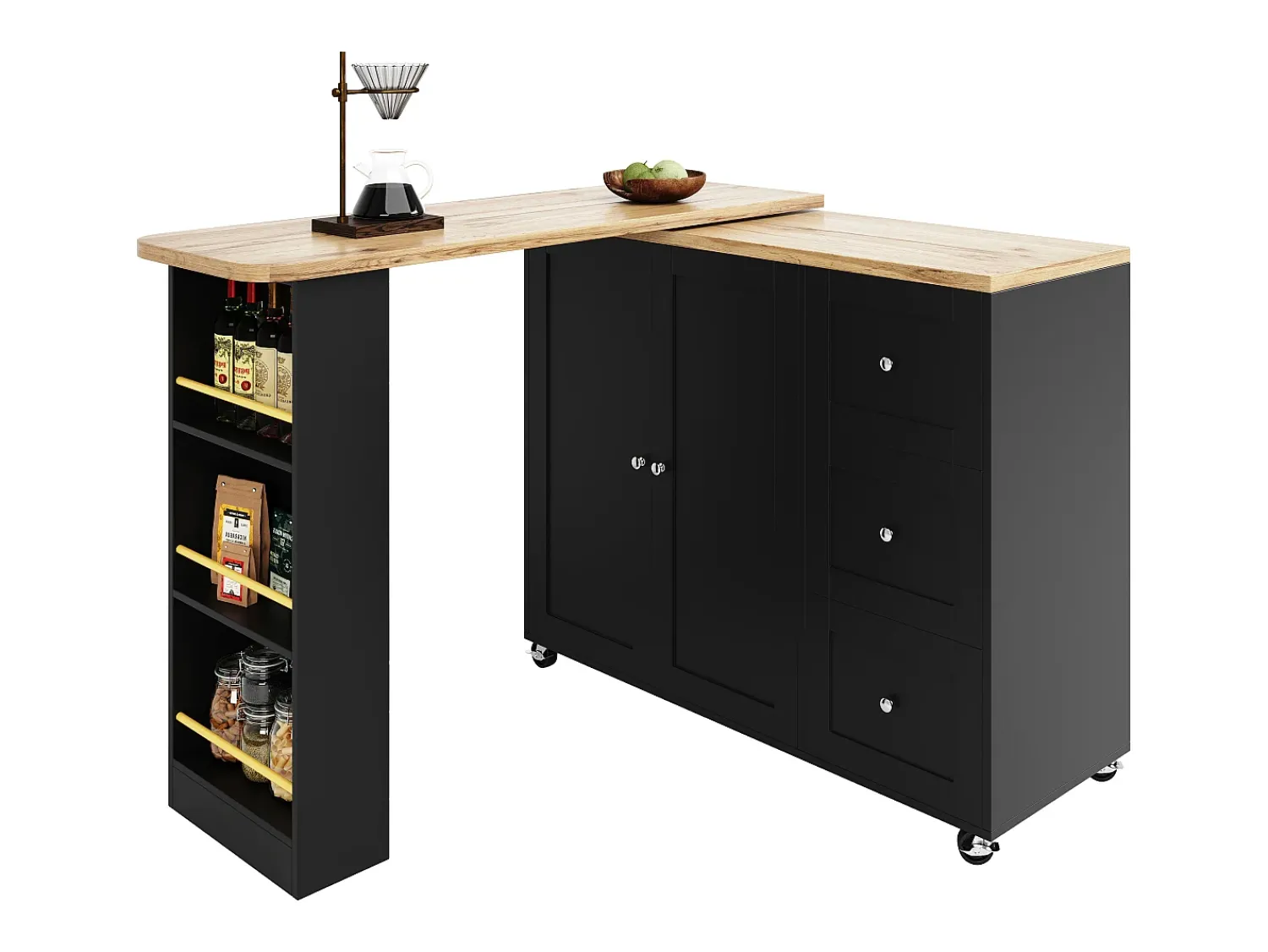 Móvel De Bar*Hauss Spole Móvel bar giratório com rodízios, 2 portas, 3 gavetas e prateleiras, tampo em folheado de madeira natural clara, corpo - 209x39x106cm Preto