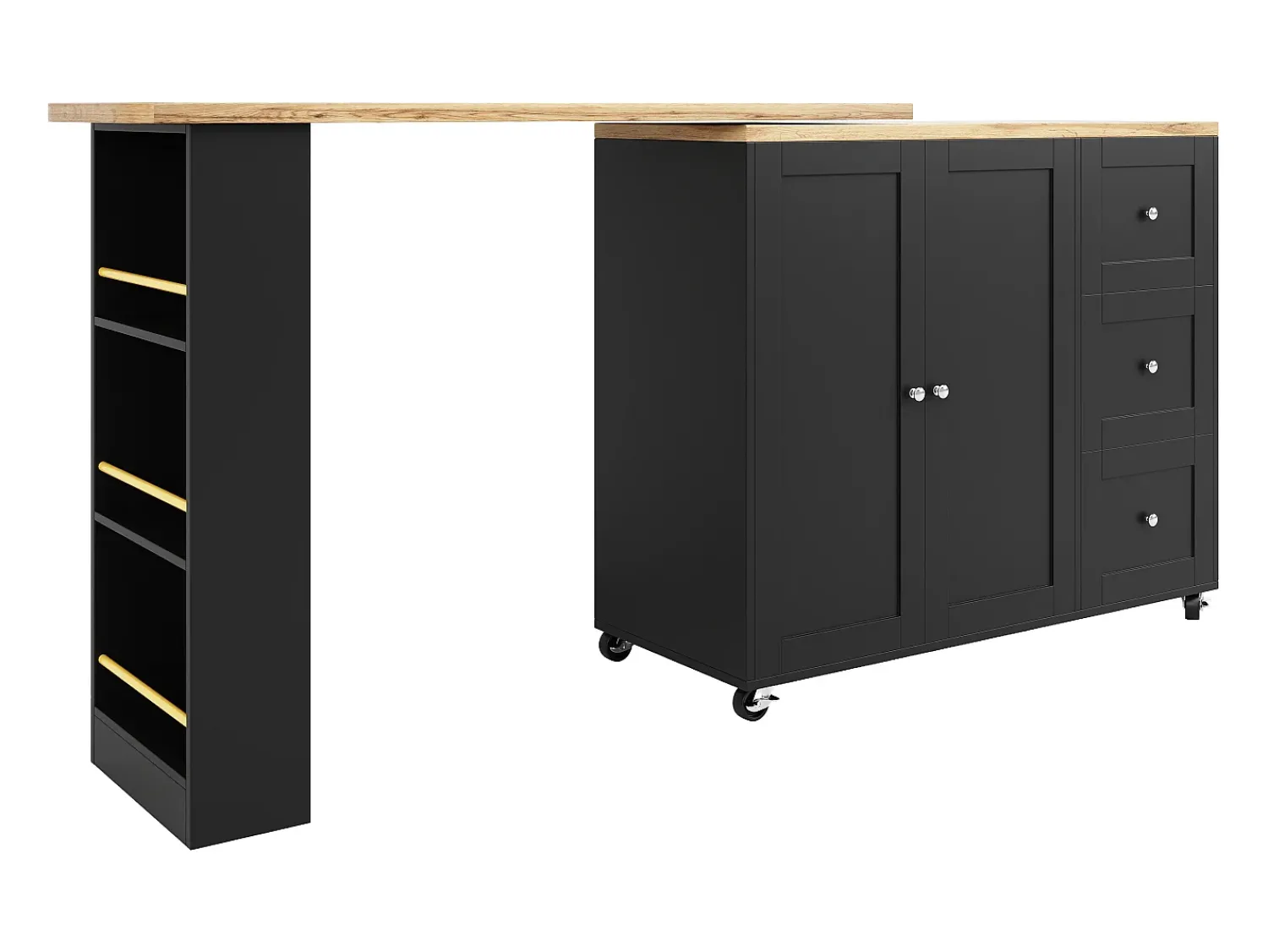 Móvel De Bar*Hauss Spole Móvel bar giratório com rodízios, 2 portas, 3 gavetas e prateleiras, tampo em folheado de madeira natural clara, corpo - 209x39x106cm Preto