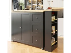 Móvel De Bar*Hauss Spole Móvel bar giratório com rodízios, 2 portas, 3 gavetas e prateleiras, tampo em folheado de madeira natural clara, corpo - 209x39x106cm Preto