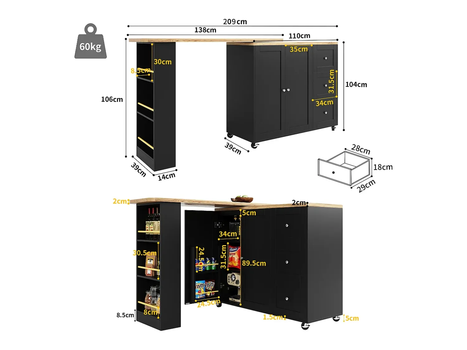 Móvel De Bar*Hauss Spole Móvel bar giratório com rodízios, 2 portas, 3 gavetas e prateleiras, tampo em folheado de madeira natural clara, corpo - 209x39x106cm Preto