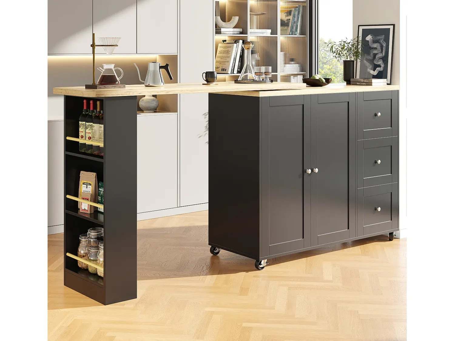 Móvel De Bar*Hauss Spole Móvel bar giratório com rodízios, 2 portas, 3 gavetas e prateleiras, tampo em folheado de madeira natural clara, corpo - 209x39x106cm Preto