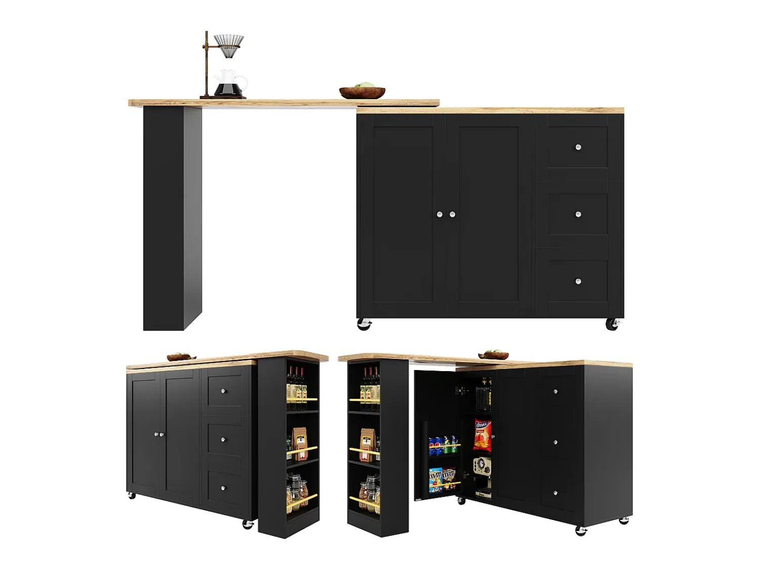 Móvel De Bar*Hauss Spole Móvel bar giratório com rodízios, 2 portas, 3 gavetas e prateleiras, tampo em folheado de madeira natural clara, corpo - 209x39x106cm Preto
