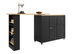 Móvel De Bar*Hauss Spole Móvel bar giratório com rodízios, 2 portas, 3 gavetas e prateleiras, tampo em folheado de madeira natural clara, corpo - 209x39x106cm Preto