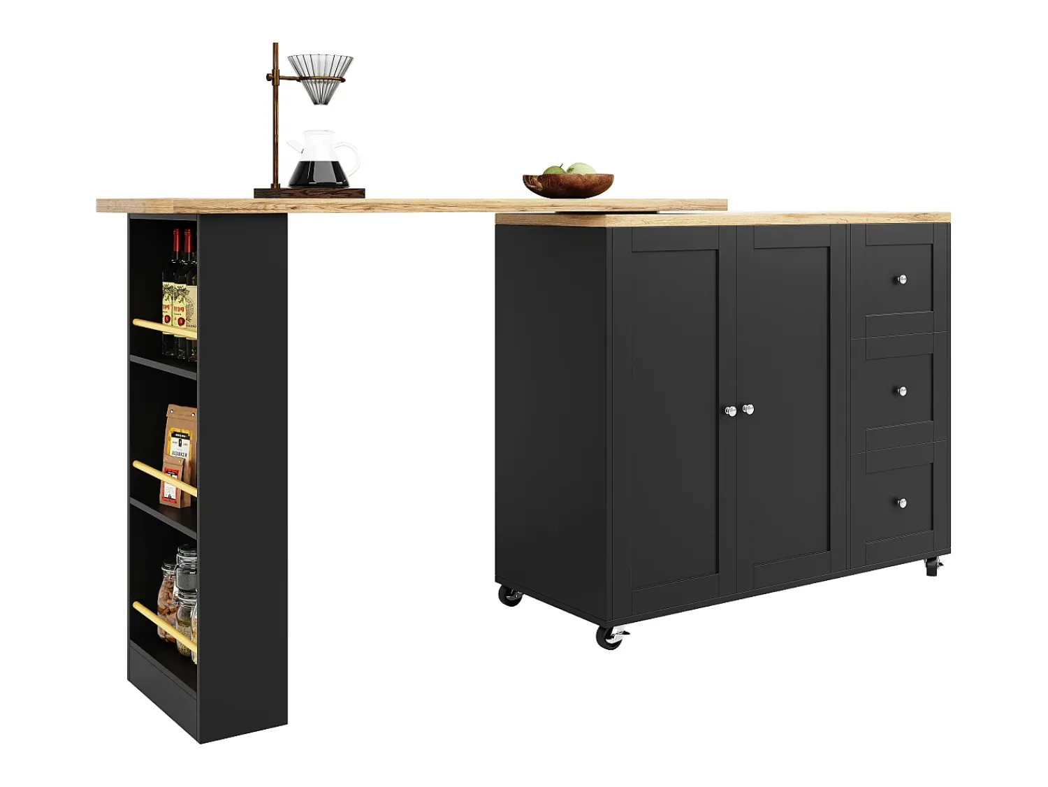 Móvel De Bar*Hauss Spole Móvel bar giratório com rodízios, 2 portas, 3 gavetas e prateleiras, tampo em folheado de madeira natural clara, corpo - 209x39x106cm Preto
