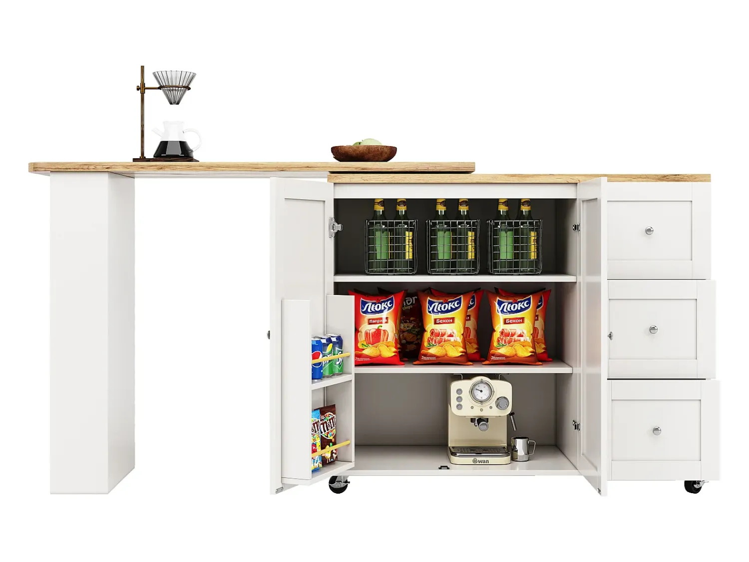 Móvel De Bar|Hauss Spole Móvel bar giratório com rodízios, 2 portas, 3 gavetas e prateleiras, tampo em folheado de madeira natural clara, corpo - 209x39x106cm Branco