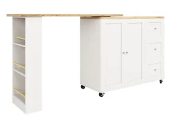 Móvel De Bar|Hauss Spole Móvel bar giratório com rodízios, 2 portas, 3 gavetas e prateleiras, tampo em folheado de madeira natural clara, corpo - 209x39x106cm Branco