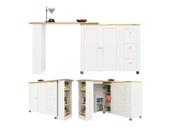 Móvel De Bar|Hauss Spole Móvel bar giratório com rodízios, 2 portas, 3 gavetas e prateleiras, tampo em folheado de madeira natural clara, corpo - 209x39x106cm Branco