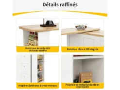 Móvel De Bar|Hauss Spole Móvel bar giratório com rodízios, 2 portas, 3 gavetas e prateleiras, tampo em folheado de madeira natural clara, corpo - 209x39x106cm Branco