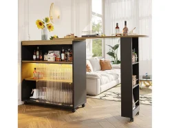Hauss Spole Móvel bar giratório sobre rodas com 2 portas de correr em vidro, 1 nicho e prateleiras, LED incluído, MDF, - 138x39x105cm^ Móvel De Bar