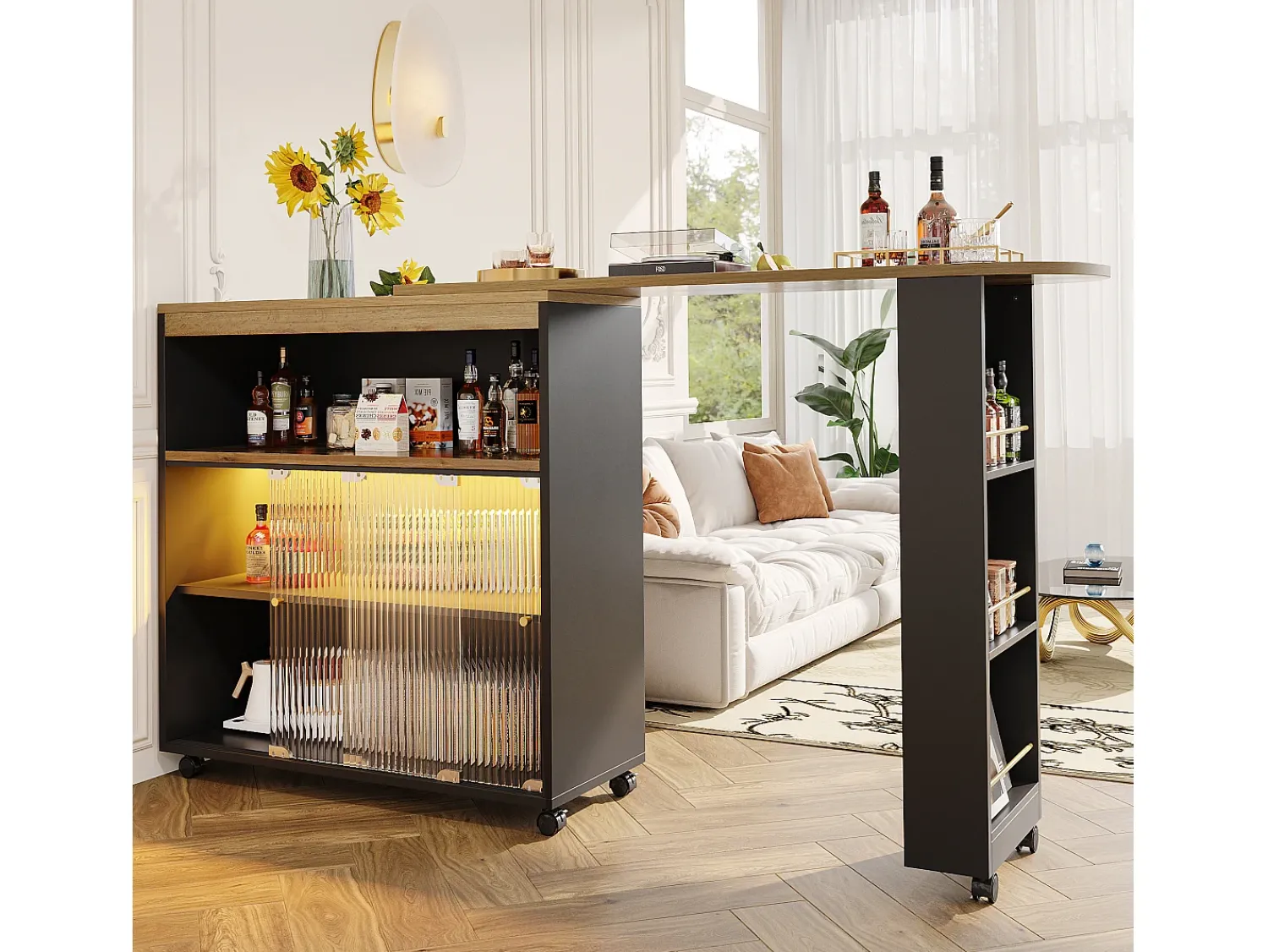 Hauss Spole Móvel bar giratório sobre rodas com 2 portas de correr em vidro, 1 nicho e prateleiras, LED incluído, MDF, - 138x39x105cm^ Móvel De Bar