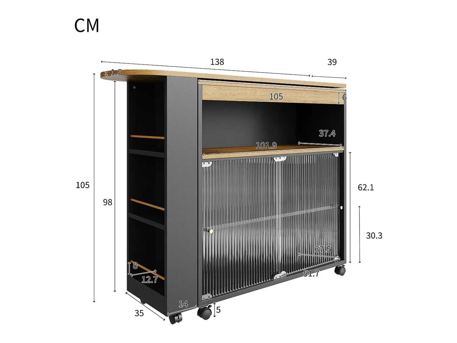 Hauss Spole Móvel bar giratório sobre rodas com 2 portas de correr em vidro, 1 nicho e prateleiras, LED incluído, MDF, - 138x39x105cm^ Móvel De Bar