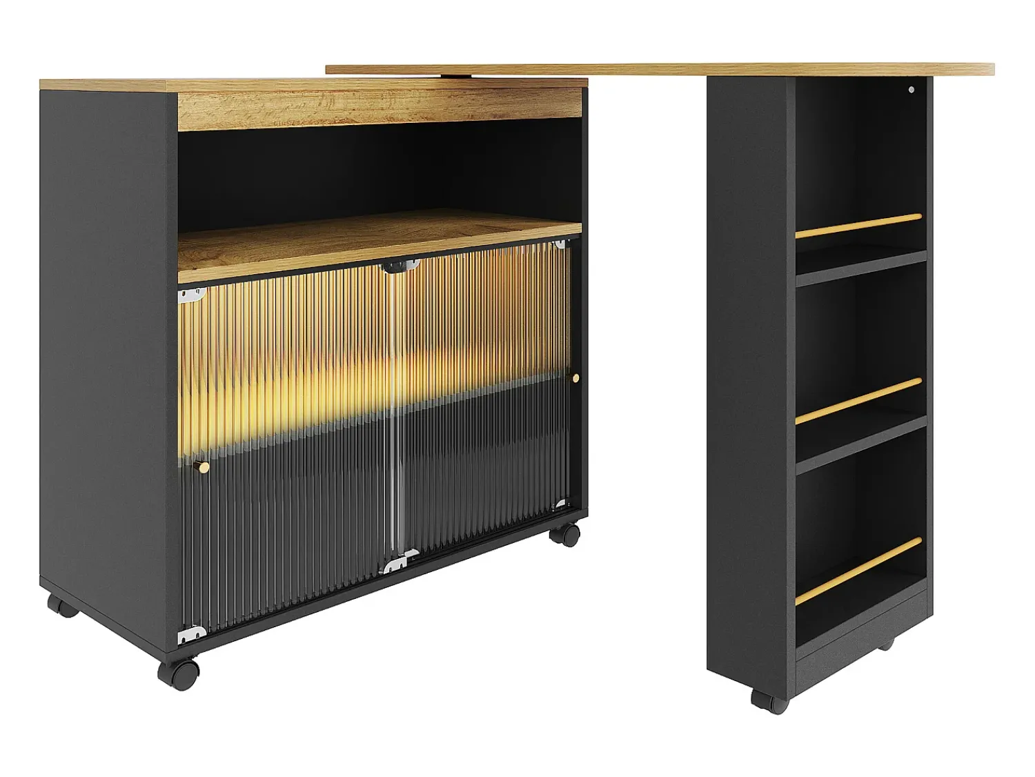 Hauss Spole Móvel bar giratório sobre rodas com 2 portas de correr em vidro, 1 nicho e prateleiras, LED incluído, MDF, - 138x39x105cm^ Móvel De Bar