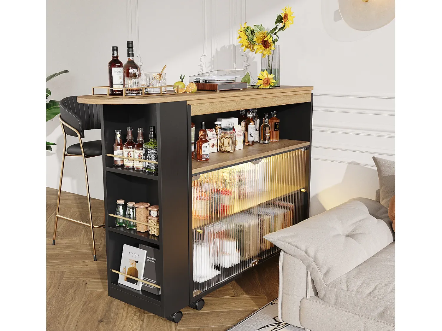 Hauss Spole Móvel bar giratório sobre rodas com 2 portas de correr em vidro, 1 nicho e prateleiras, LED incluído, MDF, - 138x39x105cm^ Móvel De Bar