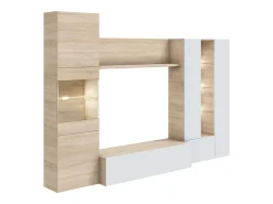 Móvel De Tv| Móvel Completo para Sala Essenttial 260x185 cm Brilhante & Carvalho Canadense com Arrumação e Iluminação LED Branco