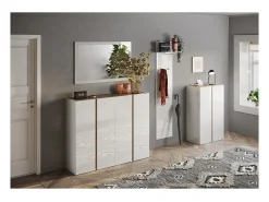 Meublorama Móvel de armazenamento com 2 portas e 5 prateleiras ajustáveis, coleção KEY, nas cores brilhante laqueado e carvalho cadiz.^ Móvel De Arrumação|Sapateira