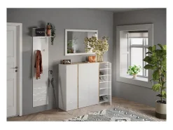 Móvel De Arrumação|Sapateira*Meublorama Móvel de armazenamento com 4 portas e 10 prateleiras ajustáveis, coleção KEY, nas cores brilhante laqueado e carvalho cadiz. Branco