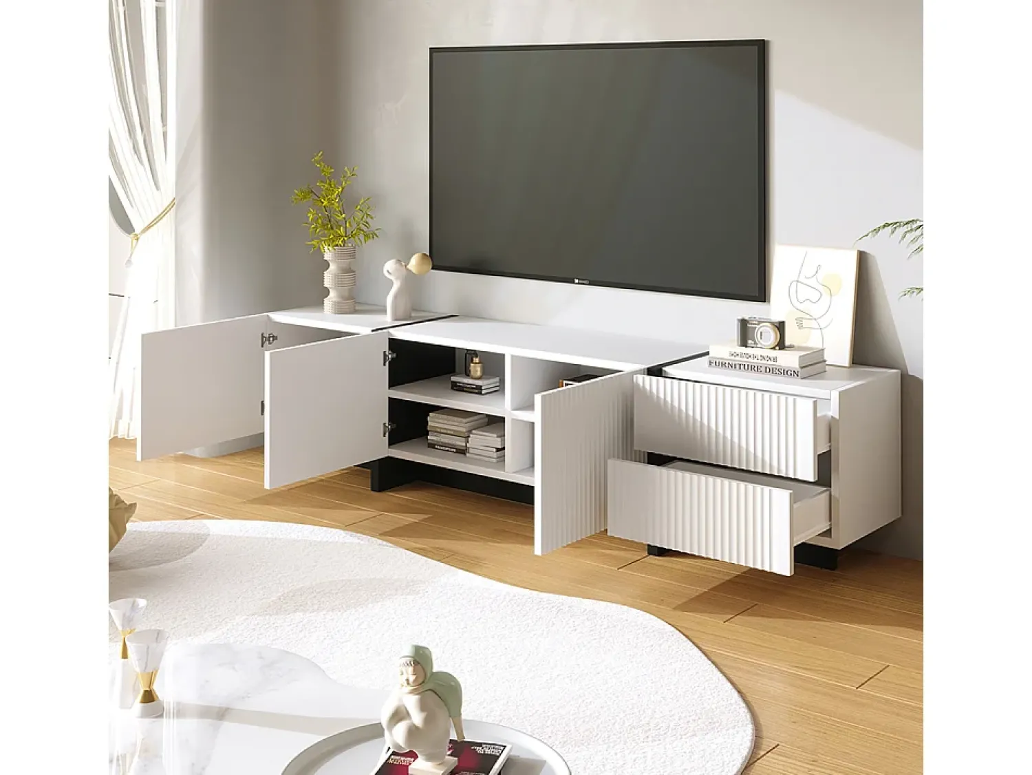 Outlet KOMHTOM Móvel de arrumação, móvel para televisor de 190 cm, 3 portas, 2 gavetas Branco