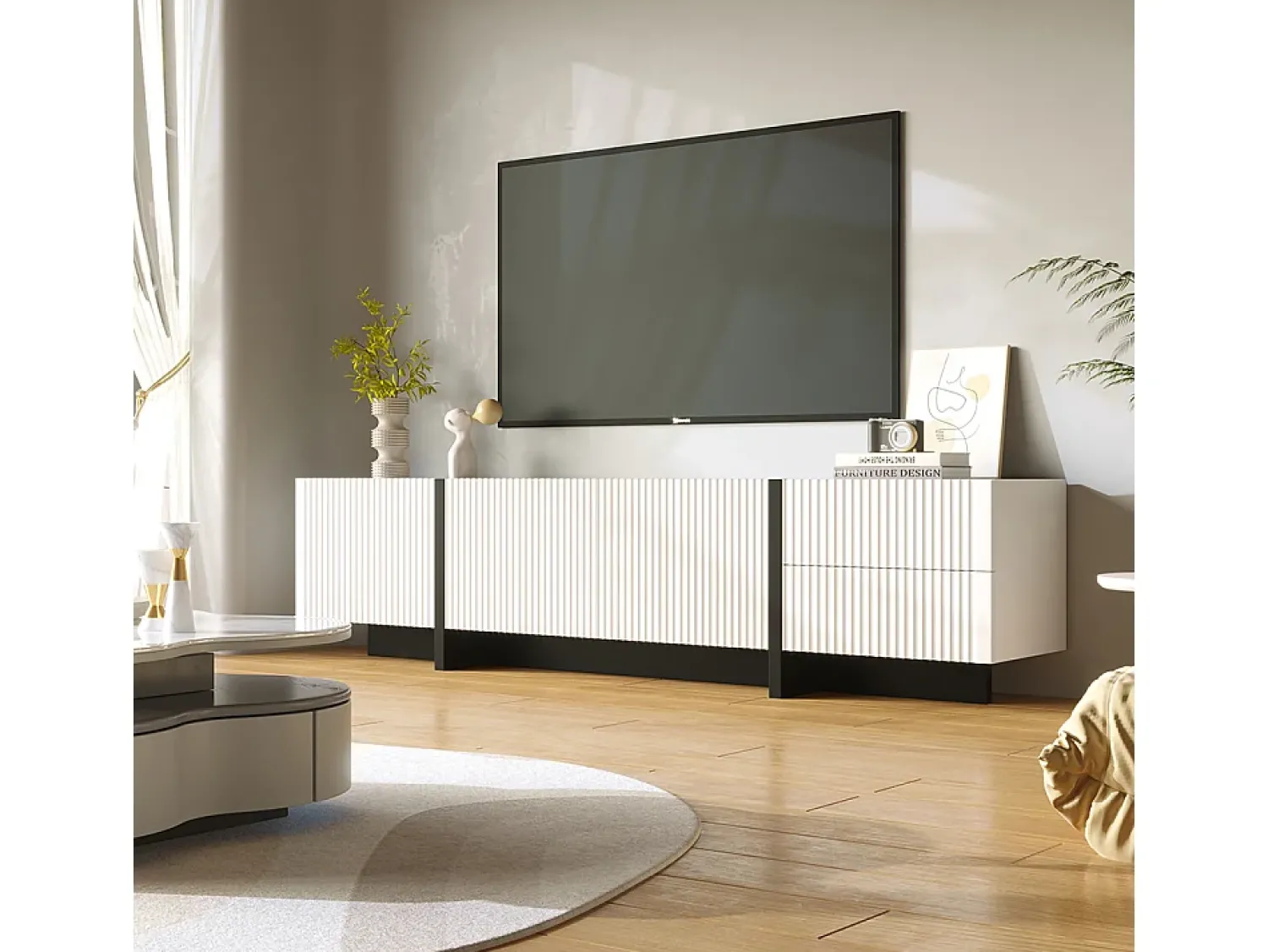 Outlet KOMHTOM Móvel de arrumação, móvel para televisor de 190 cm, 3 portas, 2 gavetas Branco