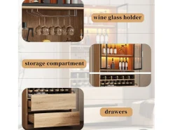 Merax Móvel de bar - 80 x 40 x 180 cm - com 2 portas de vidro + LEDs + 2 gavetas - MDF - natural^ Móvel De Bar