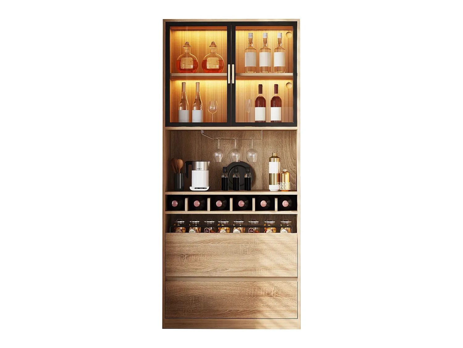 Merax Móvel de bar - 80 x 40 x 180 cm - com 2 portas de vidro + LEDs + 2 gavetas - MDF - natural^ Móvel De Bar