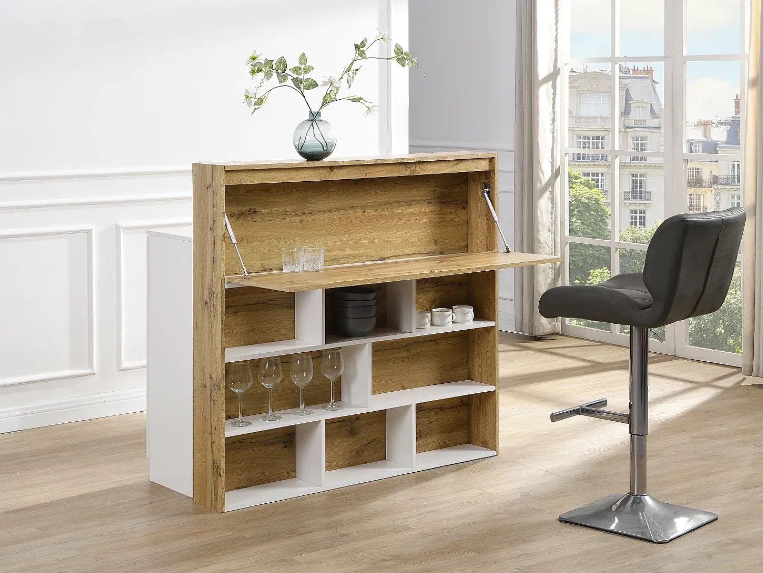 Móvel De Bar|Vente-unique Móvel de bar com 2 portas e 1 gaveta em MDF branco e natural - LAMONIA Natural claro / Branco