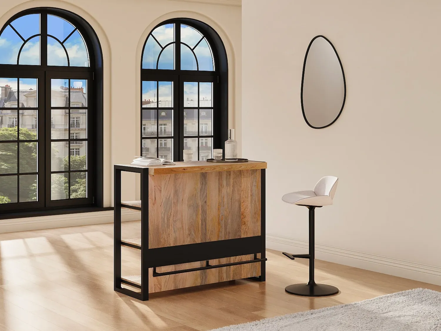 Vente-unique Móvel de bar com 3 prateleiras madeira de mangueira e metal natural e preto - HARLEM II^ Móvel De Bar