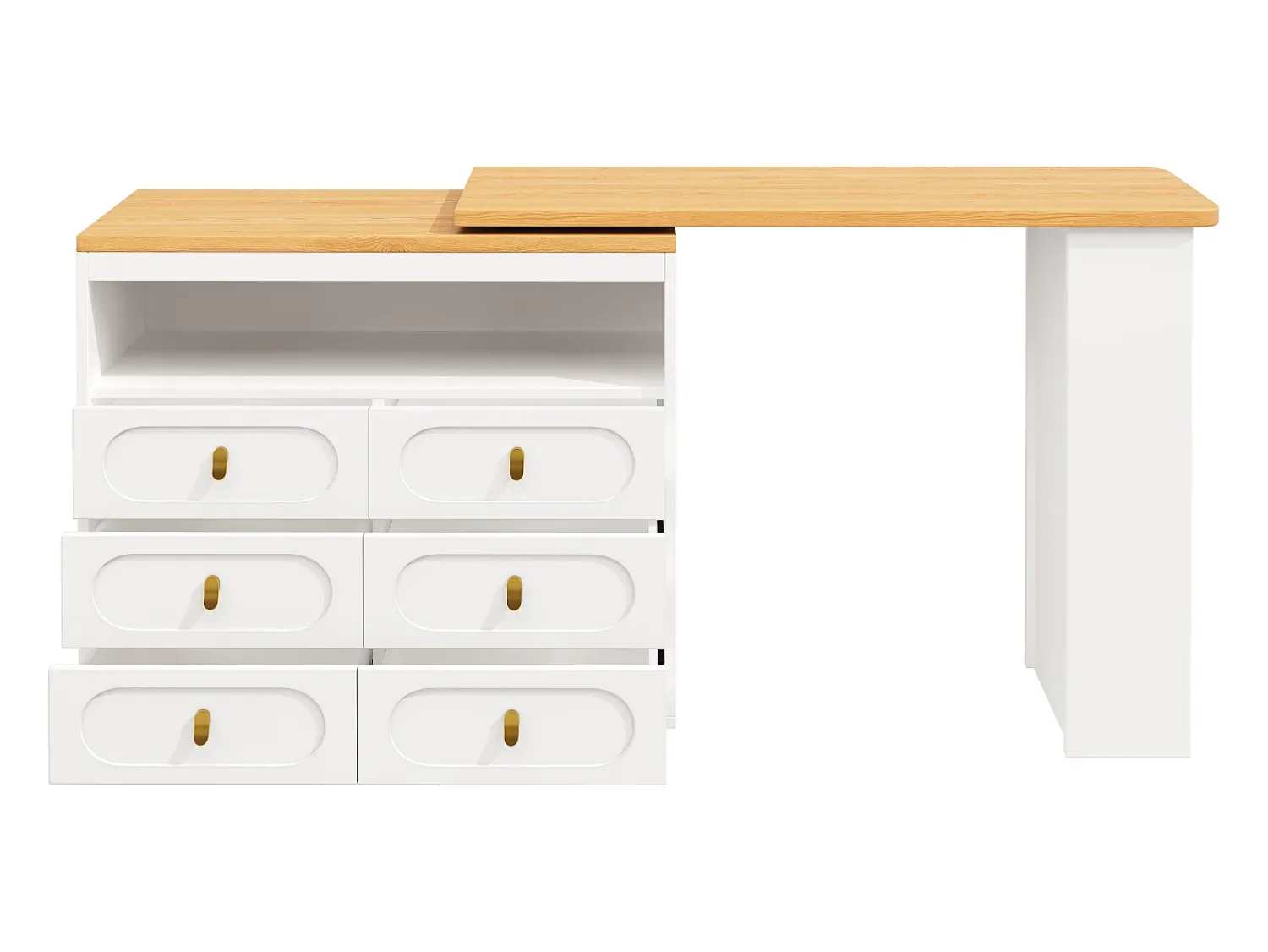 Móvel De Bar|ModernLuxe Móvel de bar de cozinha extensível - e rotação 360° - 203x39x90 cm - 6 gavetas - com prateleiras laterais - Branco