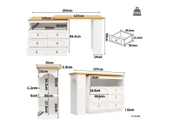 Móvel De Bar|ModernLuxe Móvel de bar de cozinha extensível - e rotação 360° - 203x39x90 cm - 6 gavetas - com prateleiras laterais - Branco