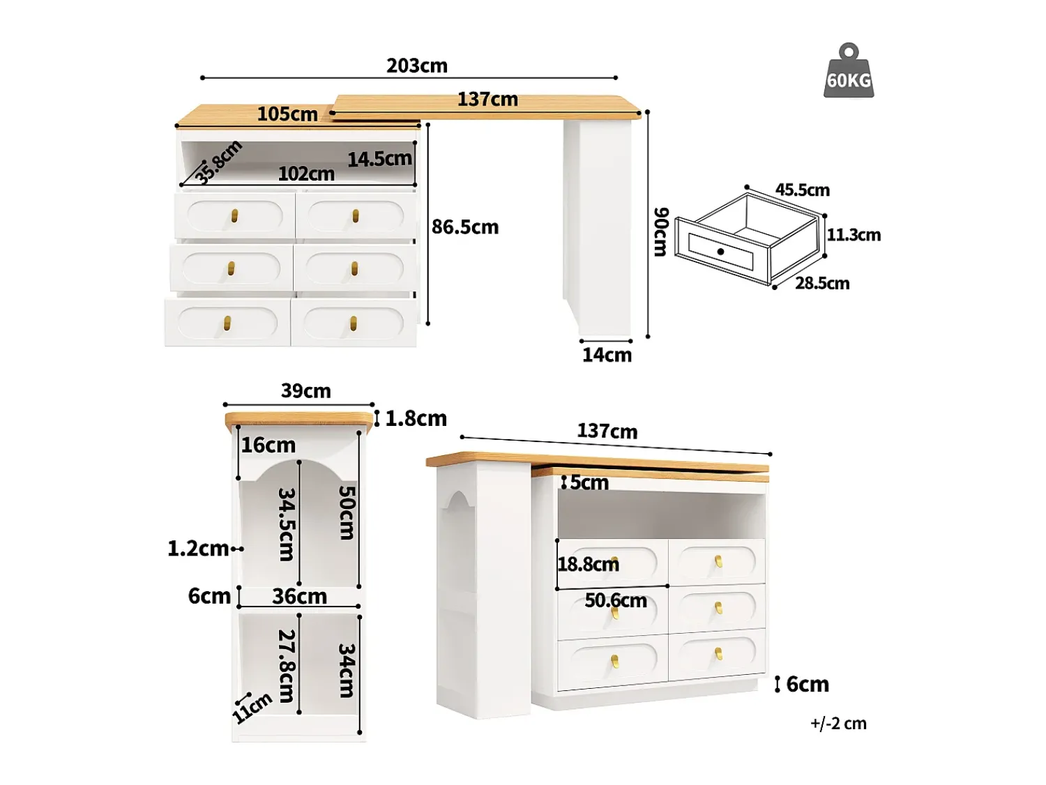 Móvel De Bar|ModernLuxe Móvel de bar de cozinha extensível - e rotação 360° - 203x39x90 cm - 6 gavetas - com prateleiras laterais - Branco
