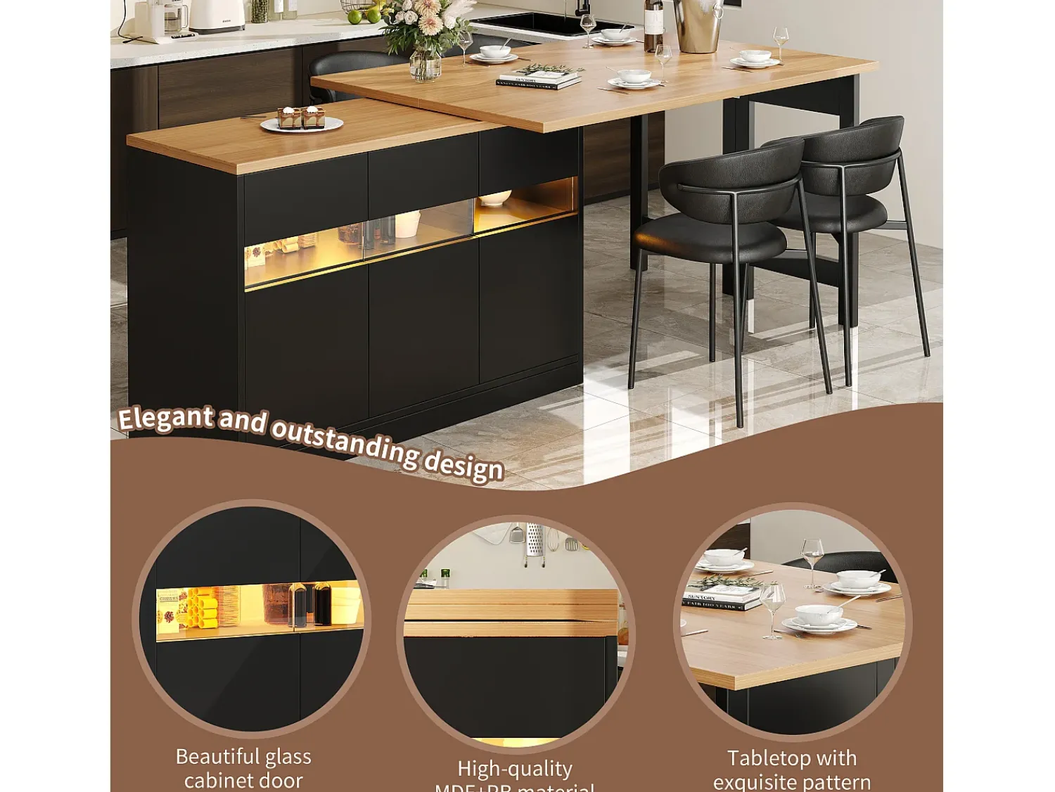 ModernLuxe Móvel de bar de cozinha extensível - com iluminação LED - mesa grande - e rotação 360° - 180x79.5x71.5 cm - 3 portas -^ Móvel De Bar