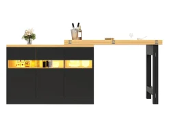 ModernLuxe Móvel de bar de cozinha extensível - com iluminação LED - mesa grande - e rotação 360° - 180x79.5x71.5 cm - 3 portas -^ Móvel De Bar
