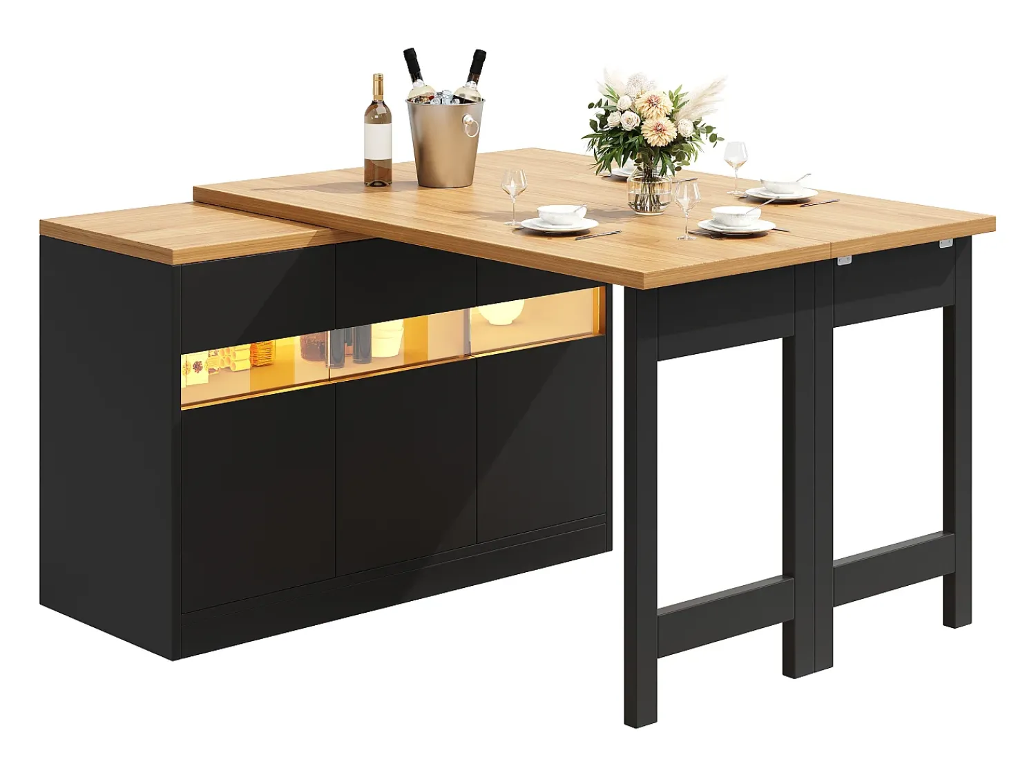ModernLuxe Móvel de bar de cozinha extensível - com iluminação LED - mesa grande - e rotação 360° - 180x79.5x71.5 cm - 3 portas -^ Móvel De Bar