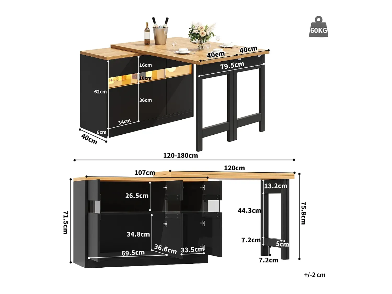 ModernLuxe Móvel de bar de cozinha extensível - com iluminação LED - mesa grande - e rotação 360° - 180x79.5x71.5 cm - 3 portas -^ Móvel De Bar