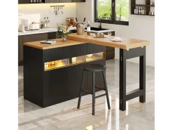 ModernLuxe Móvel de bar de cozinha extensível - com iluminação LED - mesa grande - e rotação 360° - 180x79.5x71.5 cm - 3 portas -^ Móvel De Bar