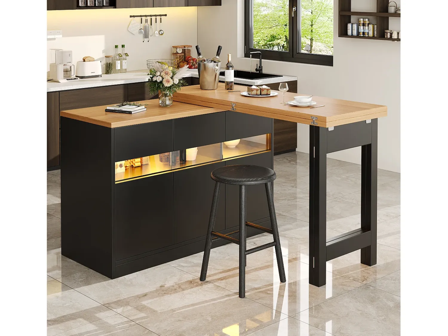 ModernLuxe Móvel de bar de cozinha extensível - com iluminação LED - mesa grande - e rotação 360° - 180x79.5x71.5 cm - 3 portas -^ Móvel De Bar