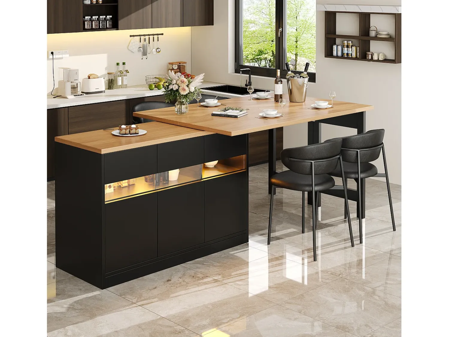 ModernLuxe Móvel de bar de cozinha extensível - com iluminação LED - mesa grande - e rotação 360° - 180x79.5x71.5 cm - 3 portas -^ Móvel De Bar