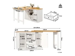Outlet ModernLuxe Móvel de bar de cozinha extensível - e rotação 360° - mesa grande - 180x79.5x71.5 cm - 2 gavetas e 2 portas - 3 adegas - Branco