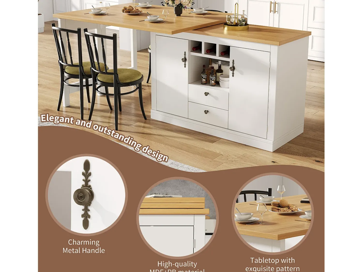 Outlet ModernLuxe Móvel de bar de cozinha extensível - e rotação 360° - mesa grande - 180x79.5x71.5 cm - 2 gavetas e 2 portas - 3 adegas - Branco