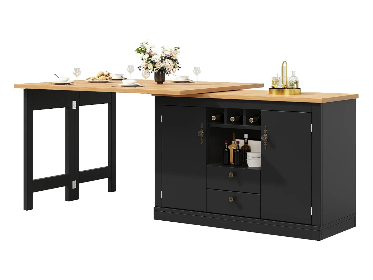 Móvel De Bar*ModernLuxe Móvel de bar de cozinha extensível - e rotação 360° - mesa grande - 180x79.5x71.5 cm - 2 gavetas e 2 portas - 3 adegas - Preto
